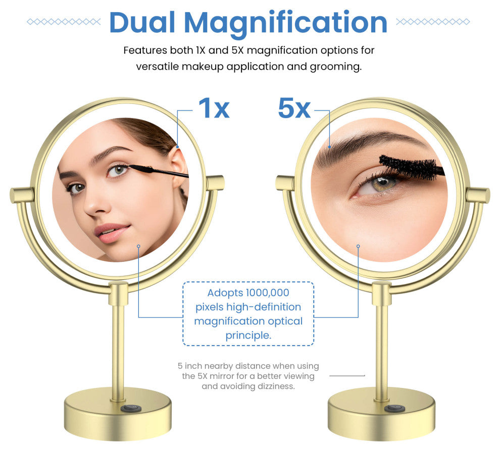 Circular LED Free Standing Magnifying Make Up Mirror, Brushed Gold