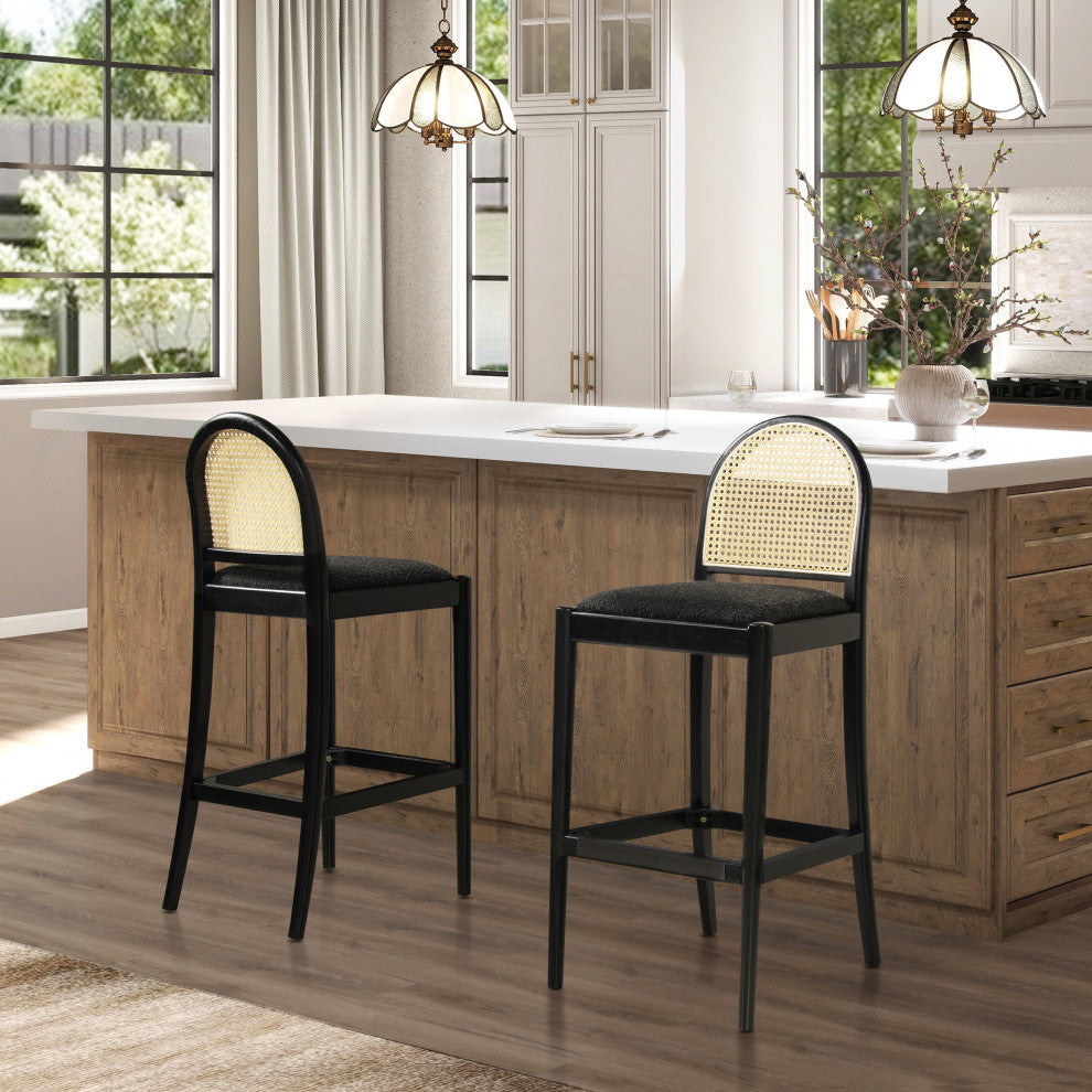 Panama Curved Back Cane Rattan Stool, Set of 2, Ebony Black Boucle, 30" Bar Height