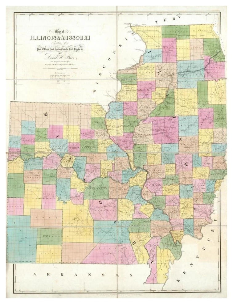 "Map of Illinois & Missouri, 1839" Digital Paper Print by David H. Burr, 29"x38"
