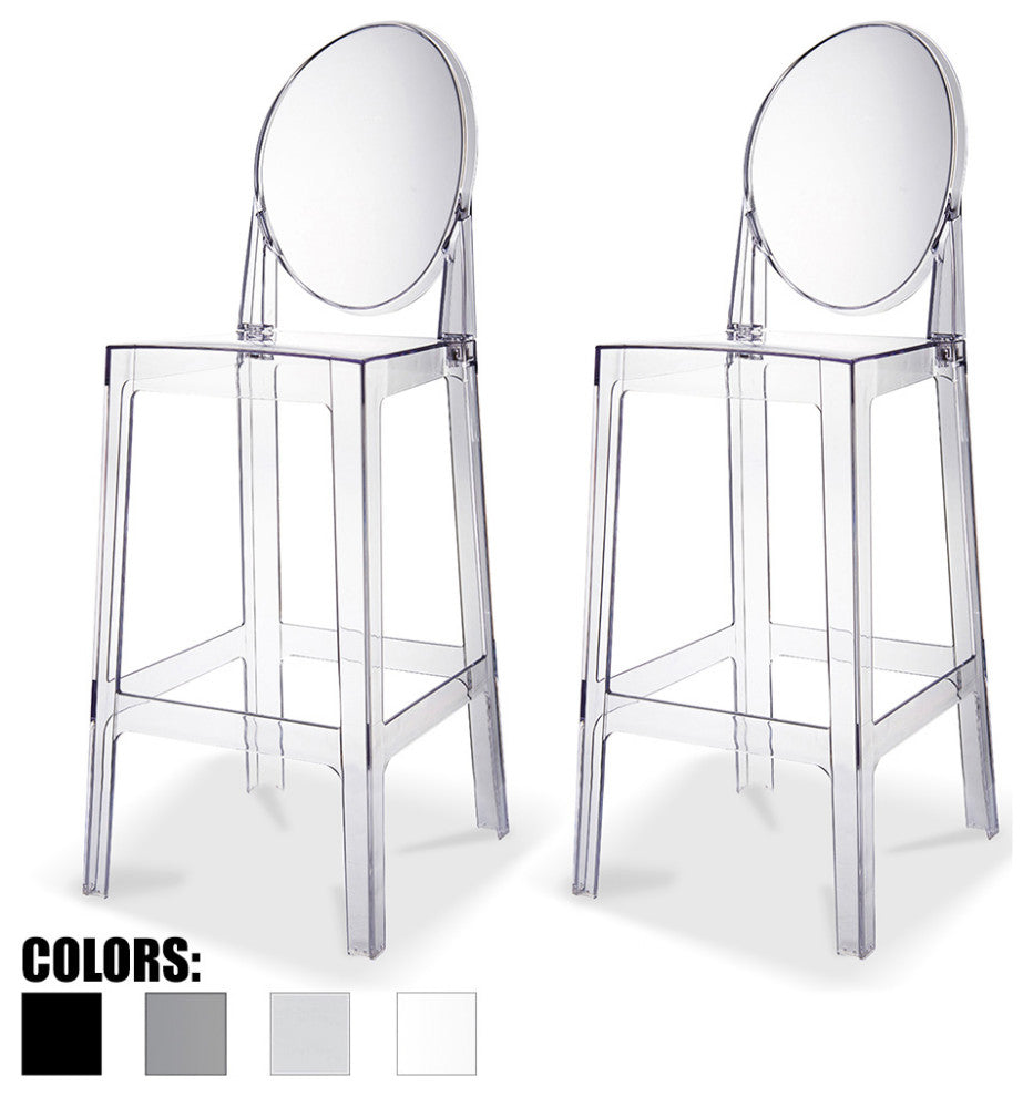 Designer Ghost Style Molded Plastic Bar Height Kitchen Stools For Dining, Clear, Set of 2
