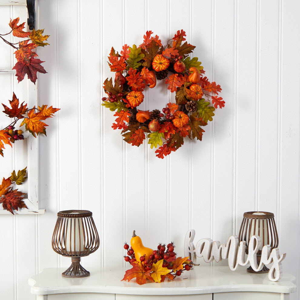 20" Autumn Assorted Maple Leaf, Pumpkin Gourd, Pinecone & Berry Faux Fall Wreath