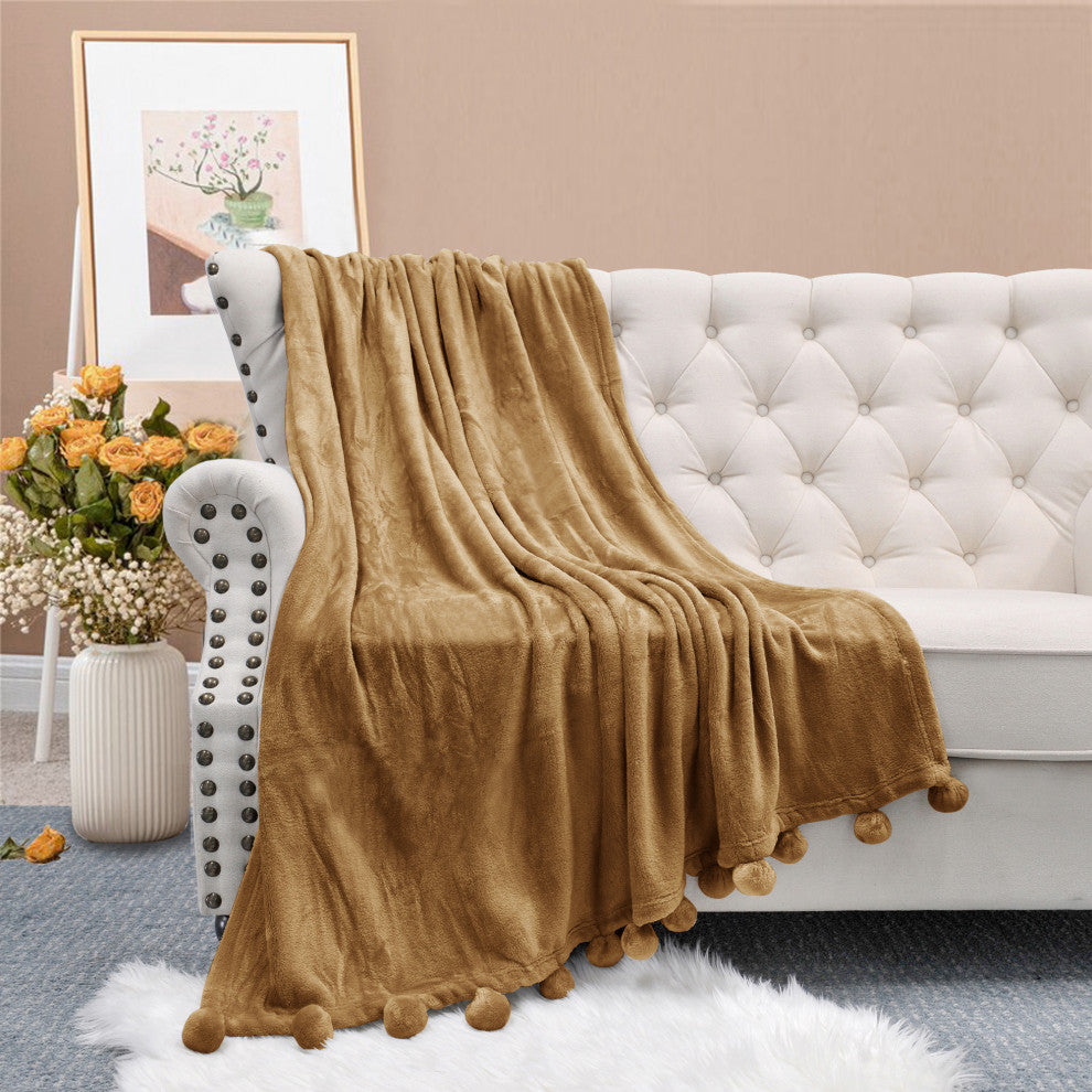 Pom Pom Flannel Fleece Throw Blanket, Amphora, 50" X 60"