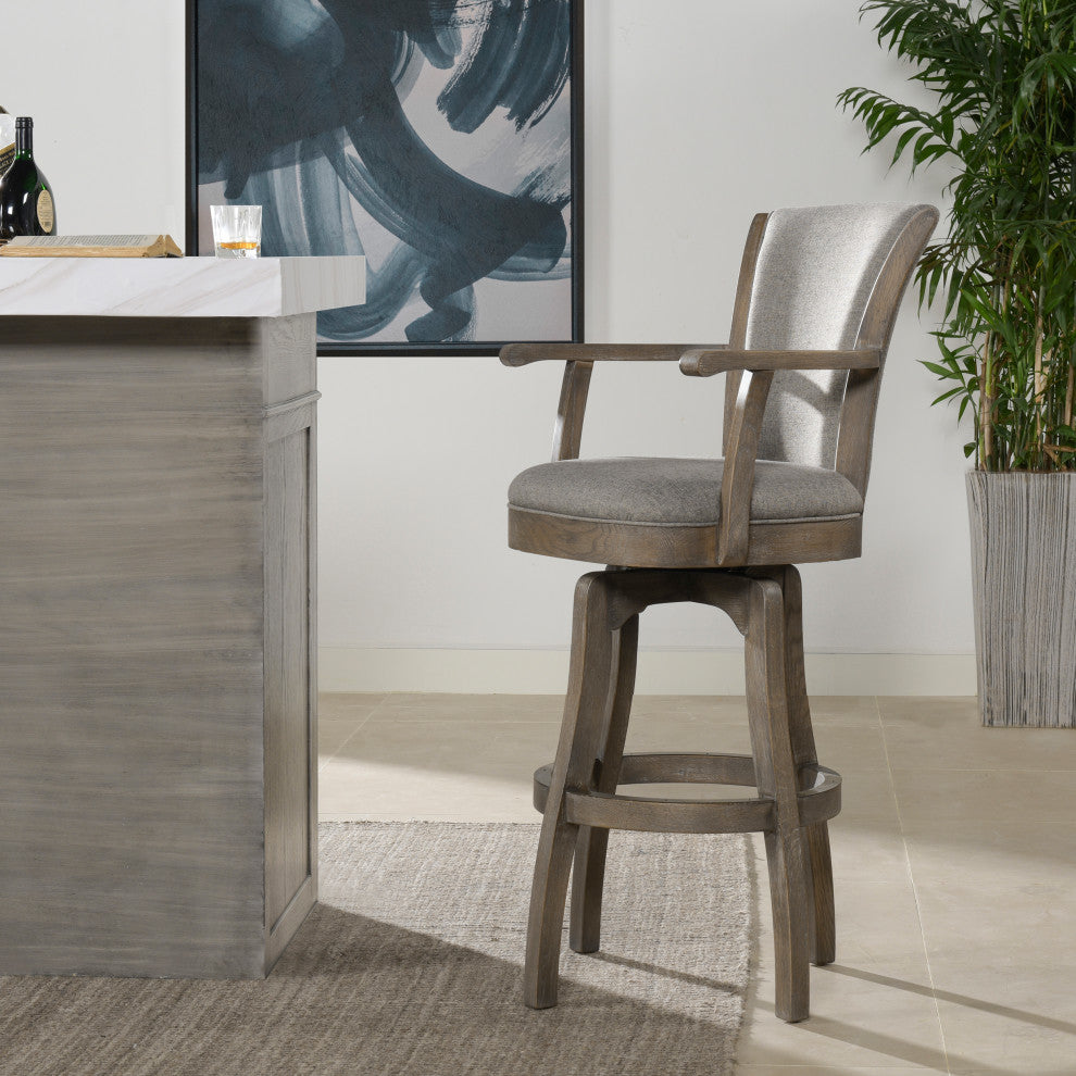 Williams Swivel Bar and Counter Stool With Armrests, Heathered Grey Linen, Bar Height