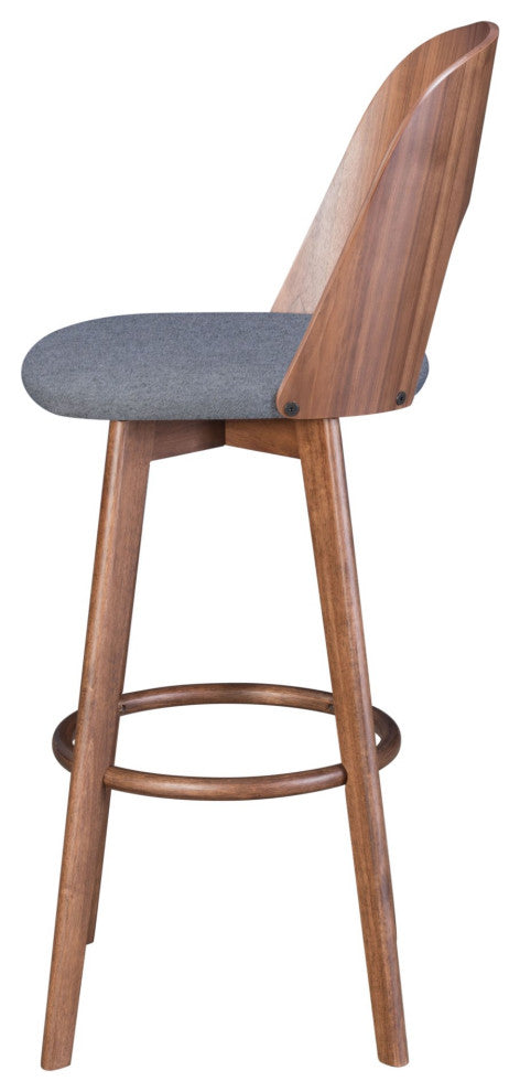 Bar Stool Chair Barstool, Set of 2, Fabric, Wood, Walnut, Gray, Cafe