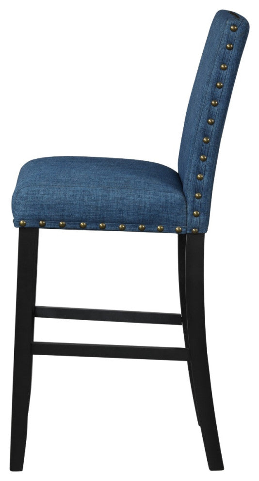 Bar Chair with Fabric Seat and Nailhead Trim, Set of 2, Blue