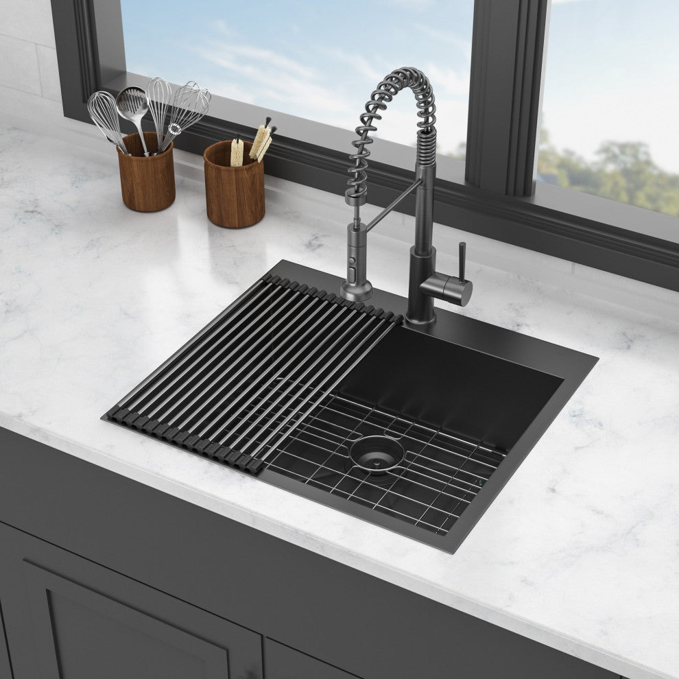 Black Stainless Steel Single Bowl Drop-In Kitchen Sink with Rinse Grid, Gunmetal Black, 25'' X 22''