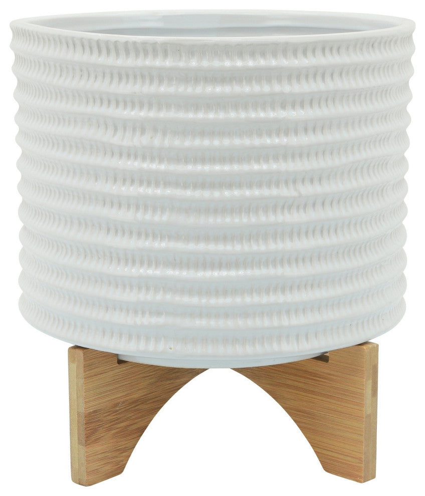 Ceramic Planter with Textured Pattern and Wooden Stand, White