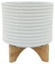 Ceramic Planter with Textured Pattern and Wooden Stand, White