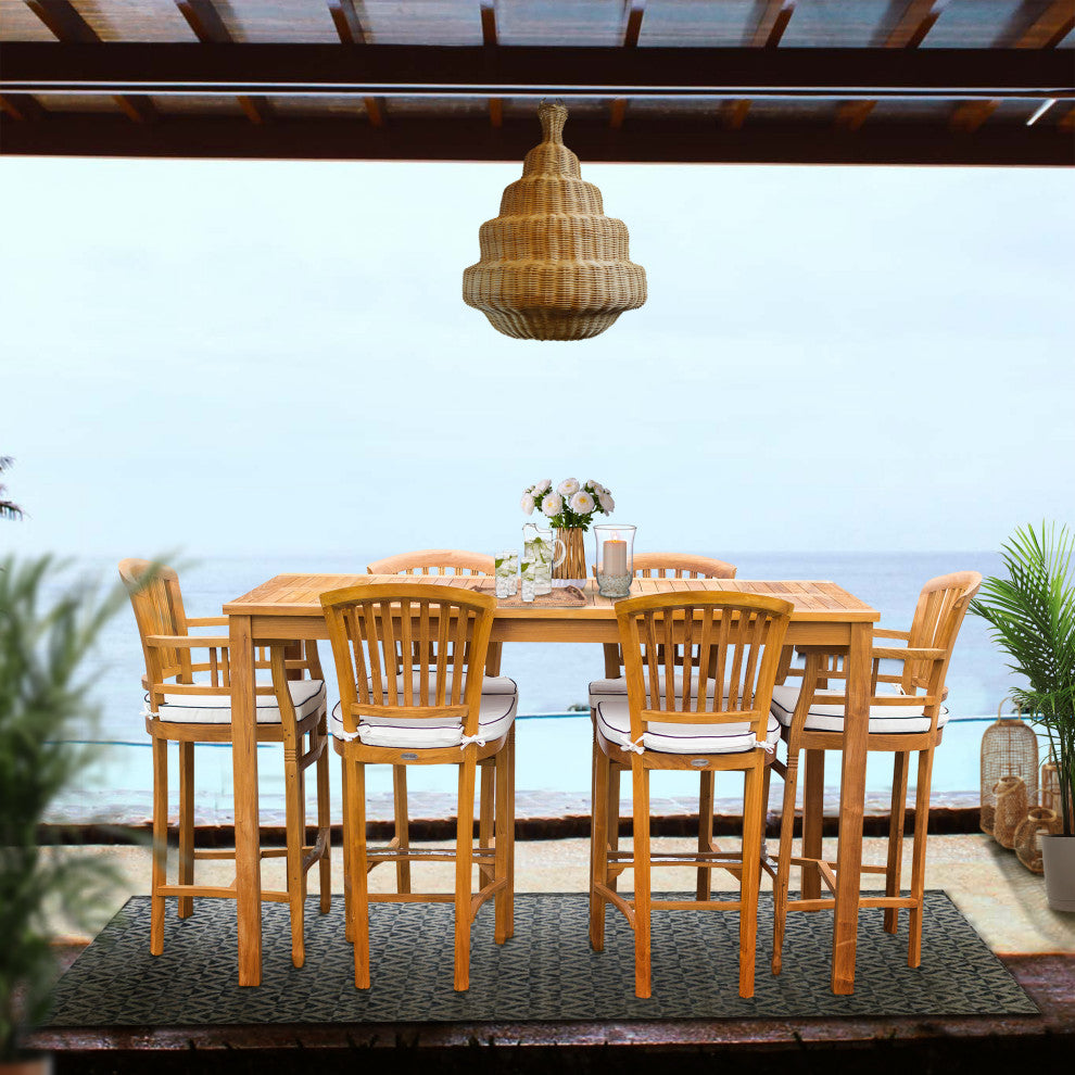 7-Piece Teak Wood Orleans Patio Bar Set, 63" Bar Table and 6 Bar Chairs