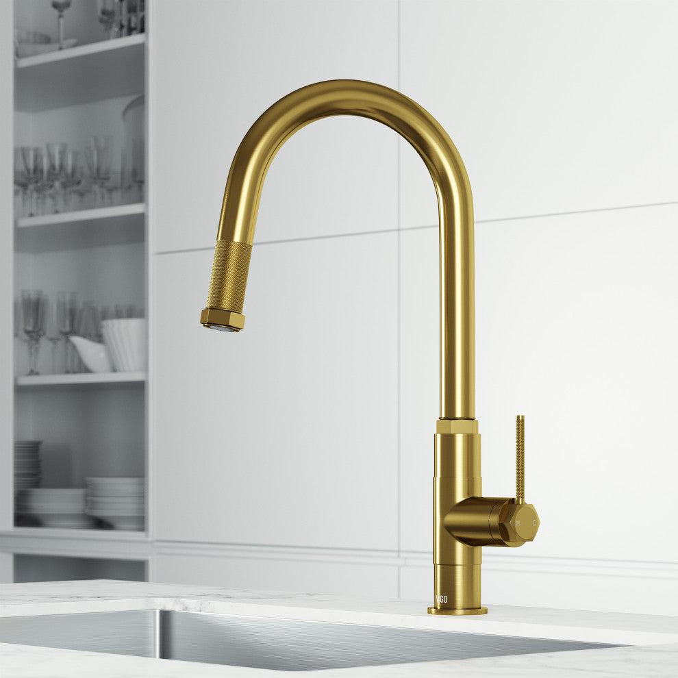 VIGO Hart Arched 18" H Single Handle Pull-Down Kitchen Faucet, Matte Brushed Gold, Without Extras