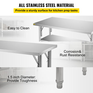 48x30 Inch Folding Prep Table Stainless Steel Worktable Kitchen Workstation