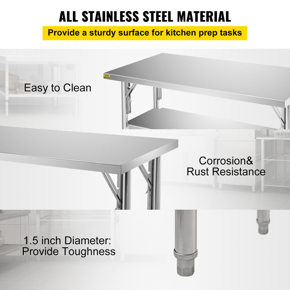 48x30 Inch Folding Prep Table Stainless Steel Worktable Kitchen Workstation