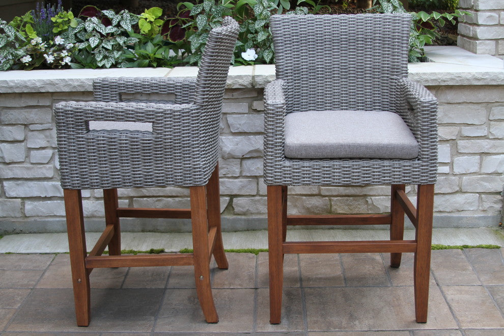 Balcony Height Light Gray Wicker and Eucalyptus Armchair, Set of 2