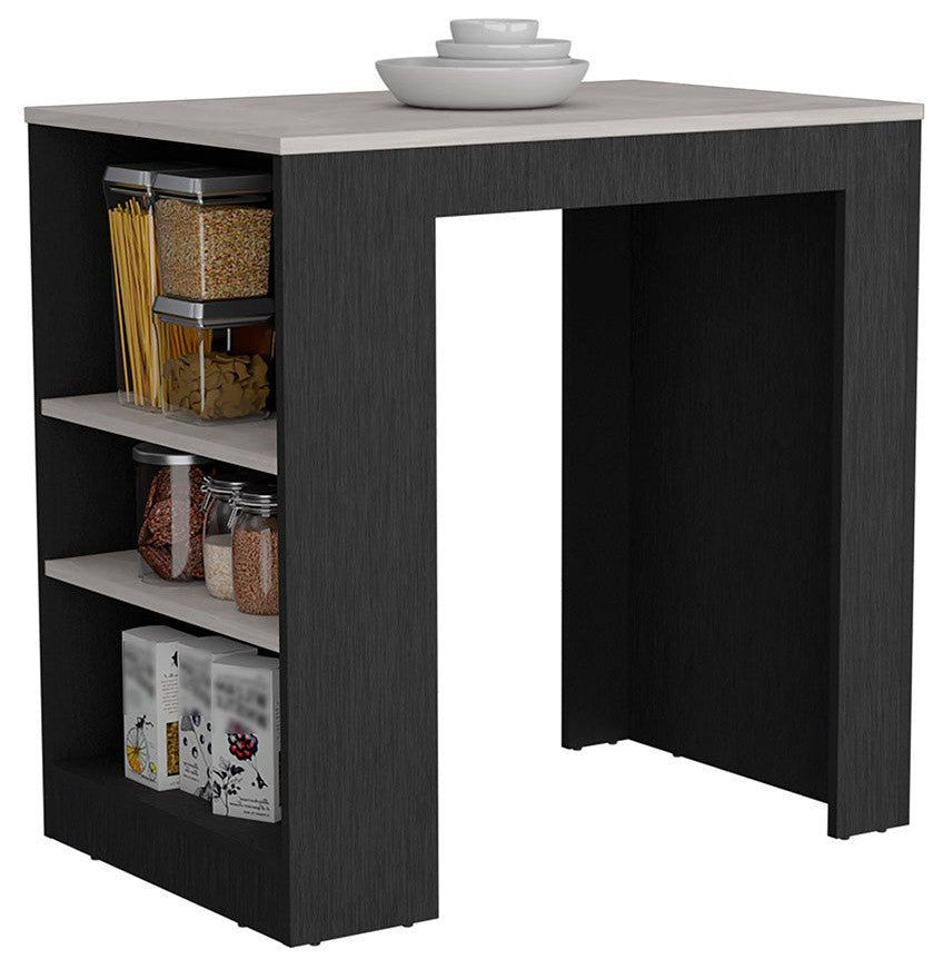 Harlan Kitchen Island With 3 Side Shelves, Black/Ibiza Marble