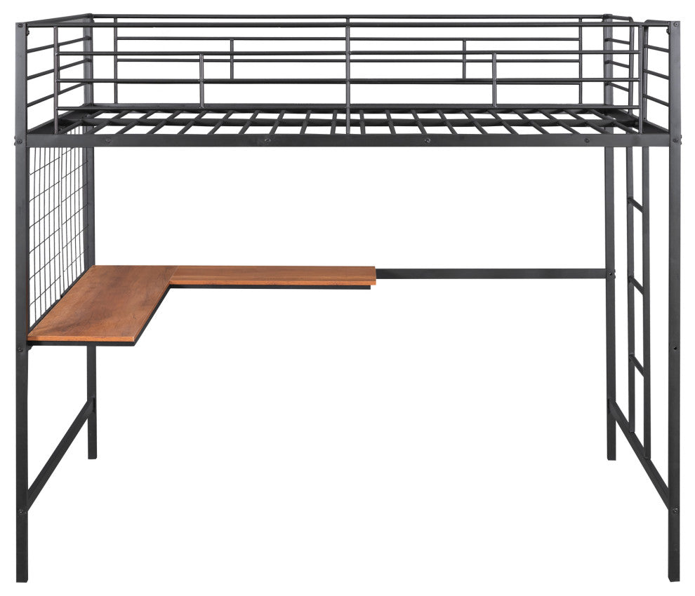 TATEUS Metal Loft Bed With Desk, Sturdy Metal Frame Guardrails Work and Play, Black, Full