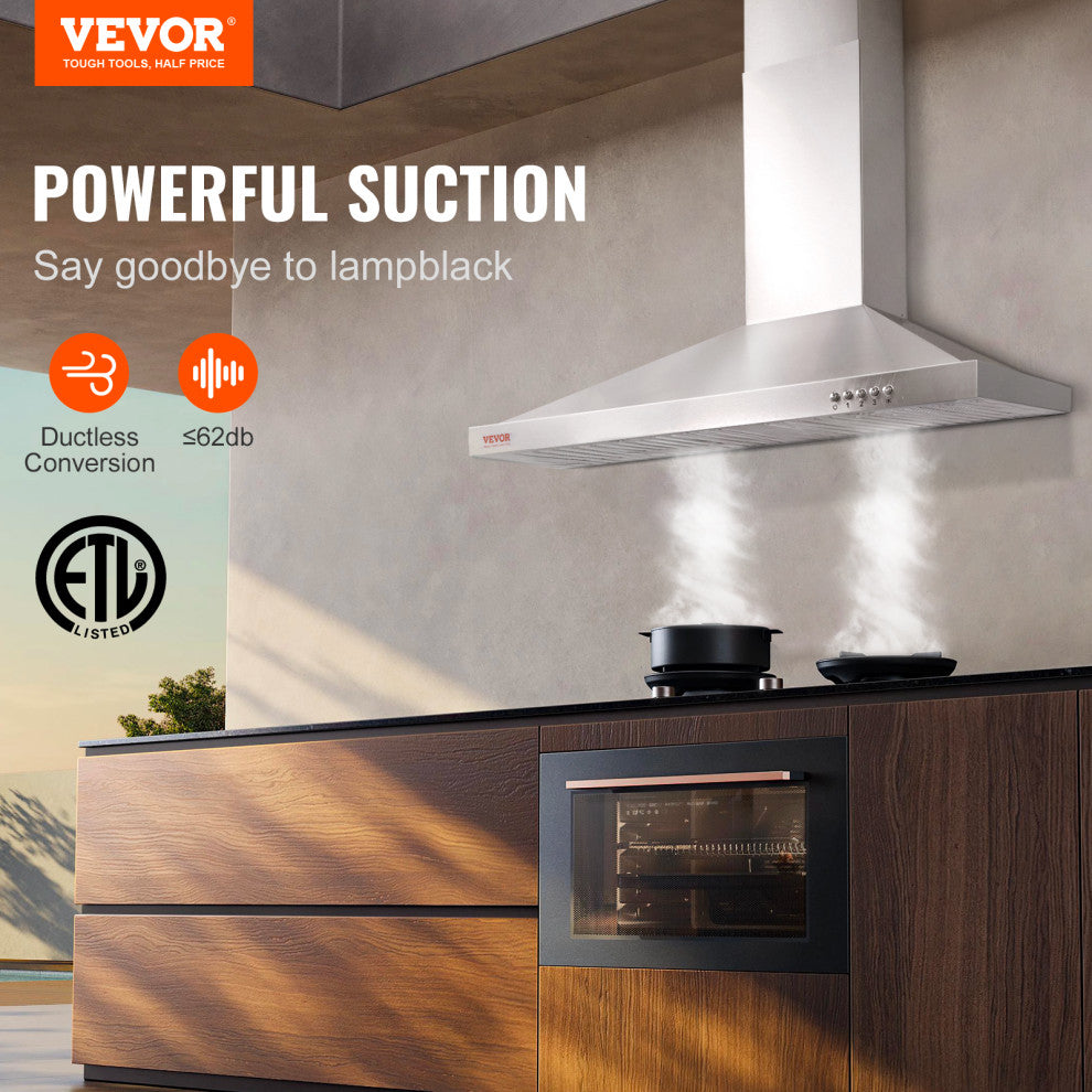 VEVOR 30" Wall Mount Range Hood Ductless Kitchen Vent Stainless Steel 3 Speed