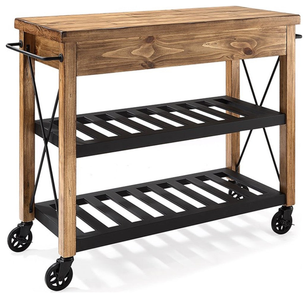Crosley Furniture Roots Wood 2 Drawer Kitchen Cart in Natural and Black