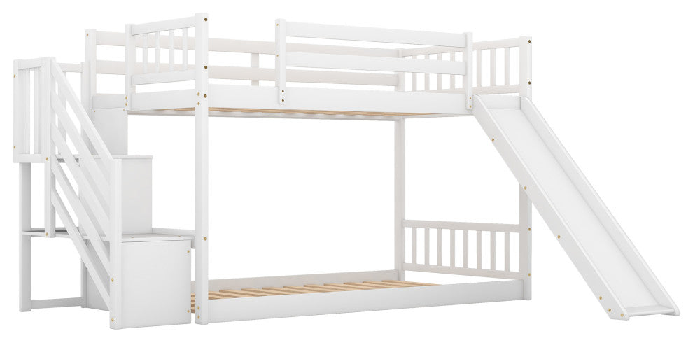 Gewnee Wood Twin Over Twin Bunk Bed with Convertible Slide and Stairway in White