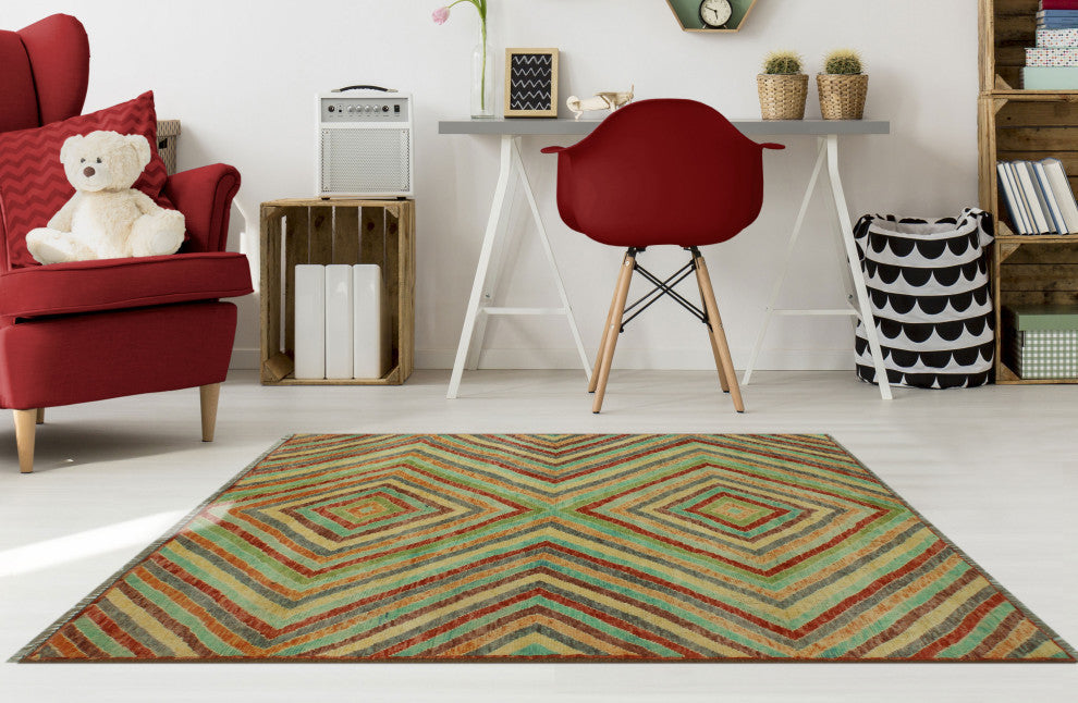 Balochi Bradlee Light Green/Red Rug, 4'10x6'5