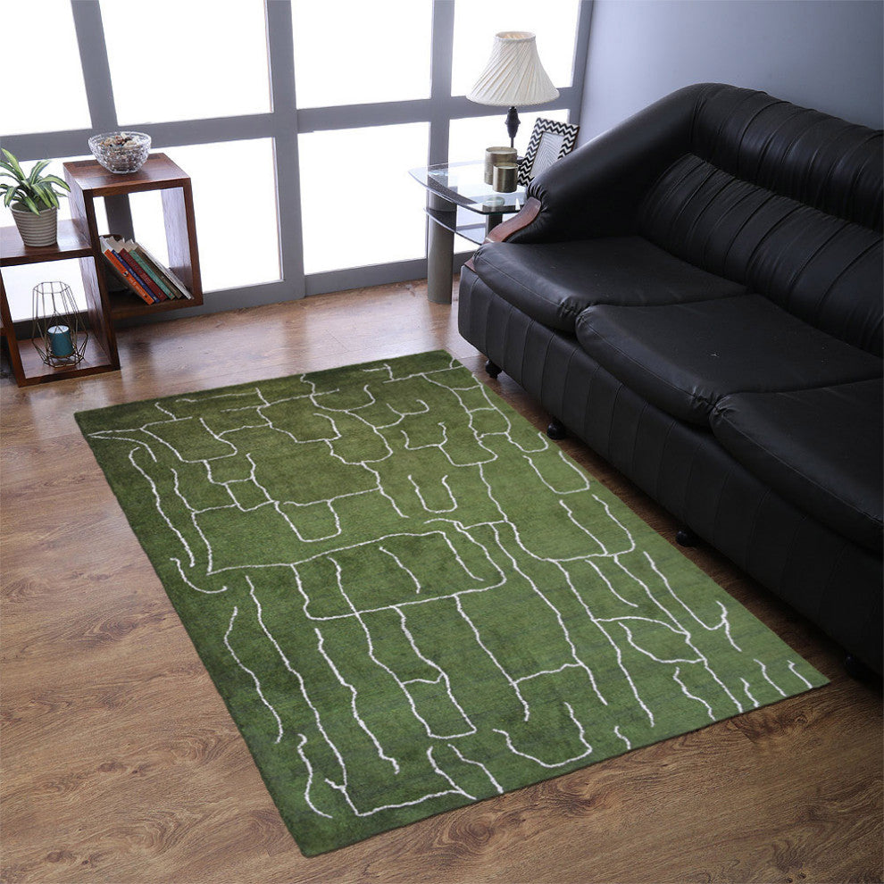 HAND KNOTTED LOOM SILK AREA RUGS-6'x9',Rectangle,Green White,Contemporary
