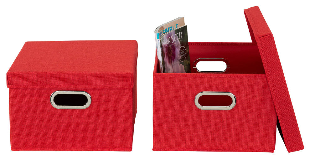 Storage Bins With Lids and Chromed Grommet Handles, Red