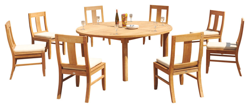 9-Pc Outdoor Patio Teak Dining Set, 72" Round Table 8 Osbo Armless Chair