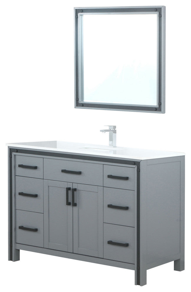 Ziva 48 Dark Grey SG Vanity, Cultured Marble Top, Square Sink, 34 Mirror, Faucet