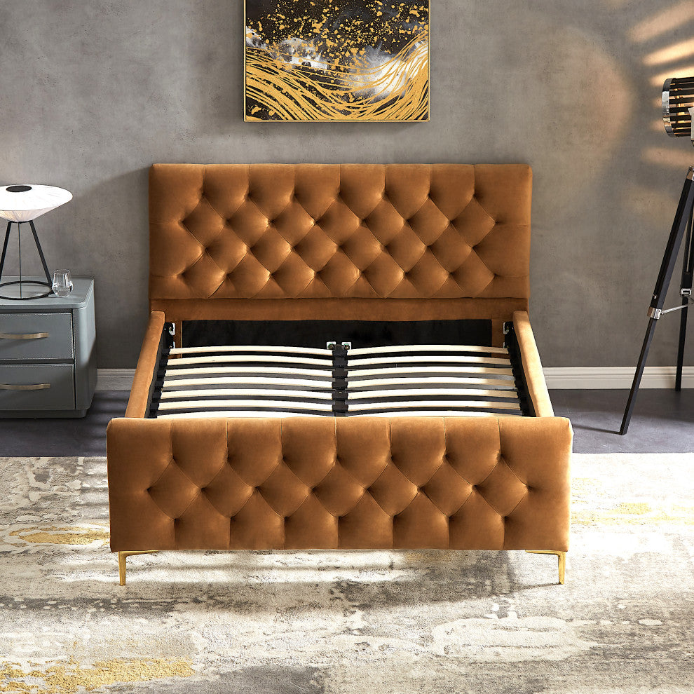 Beverly Mid-Century Modern Tufted Velvet Platform Bed, Queen