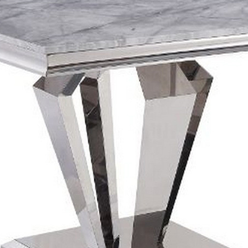 Benzara BM261724 Dining Table With Geometric Dual Pedestal Base, Silver