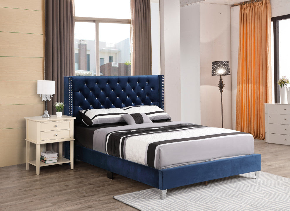 Chester Upholstered Velvet Bed, Navy, Full