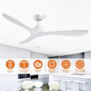 56" Modern Propeller Ceiling Fan with Remote Control and DC Reversible Motor, White