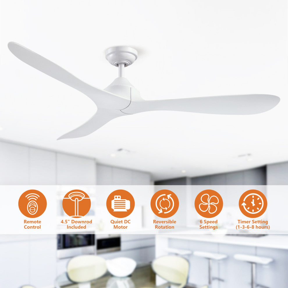 56" Modern Propeller Ceiling Fan with Remote Control and DC Reversible Motor, White