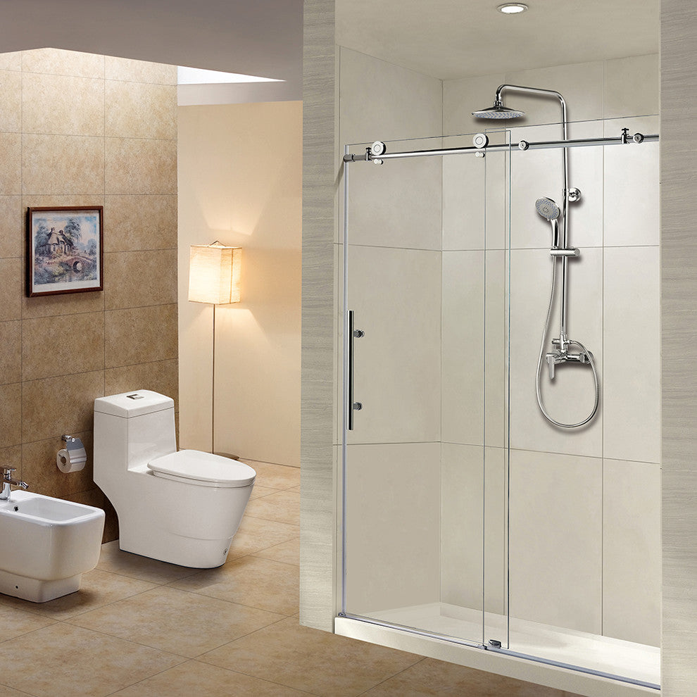 WoodBridge 56-60"Wx76"H Frameless Sliding Shower Door, Brushed Nickel
