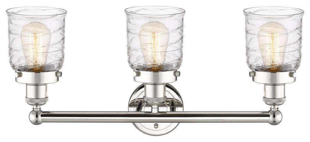 Edison Small Bell 3-Light 25" Vanity Light, Polished Nickel, Clear Deco Swirl