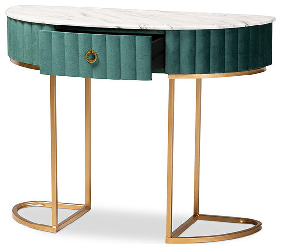 Green Velvet and Brushed Gold 1-Drawer Console Table with Faux Marble Tabletop
