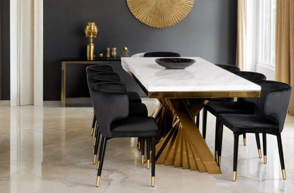 Waterfall Rectangle Marble Top Dining Table With Chairs, Silver/Black