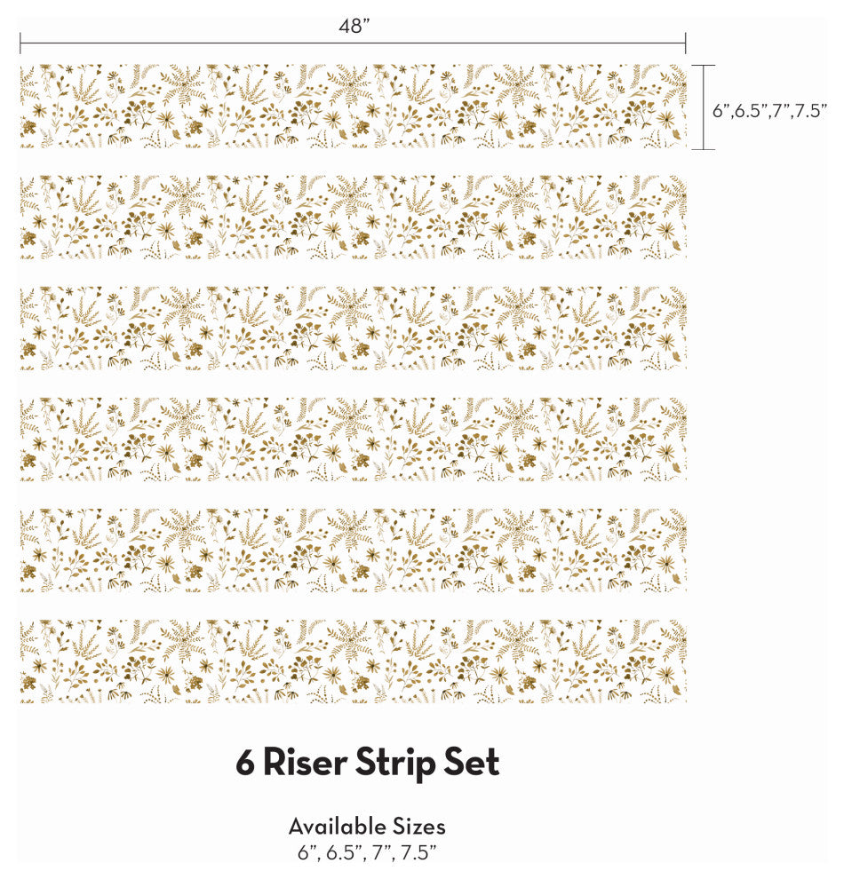 Plant Pattern Floral Peel and Stick Stair Riser Strips, Gold, 48"w X 6"h, 6 Pack