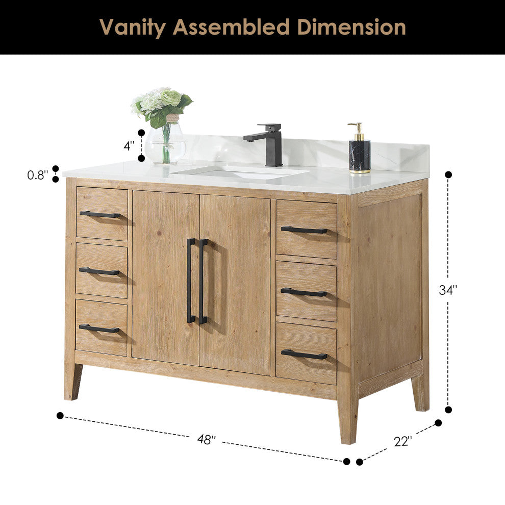 Laurel Bathroom Vanity with Calacatta White Quartz Stone Countertop, Weathered Fir, 48", With Mirror