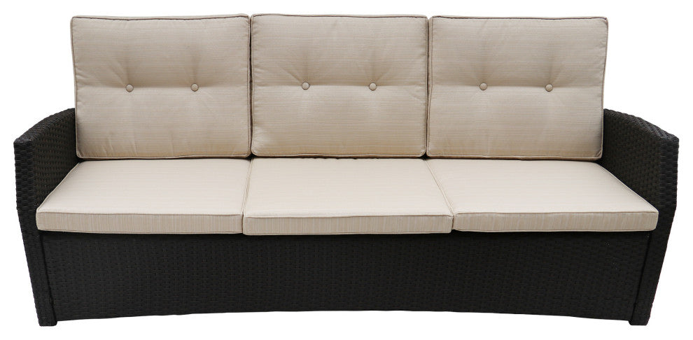 GDF Studio Amigo Outdoor 3-Seater Wicker Sofa With Beige Cushions, Dark Brown/Be