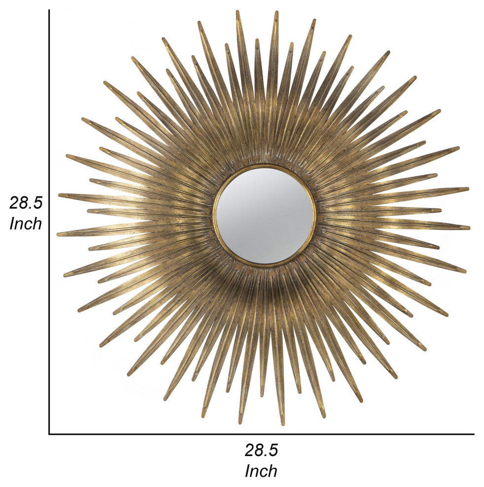 Benzara BM286103 Wall Mount Accent Mirror With Sunburst Iron Frame, Gold