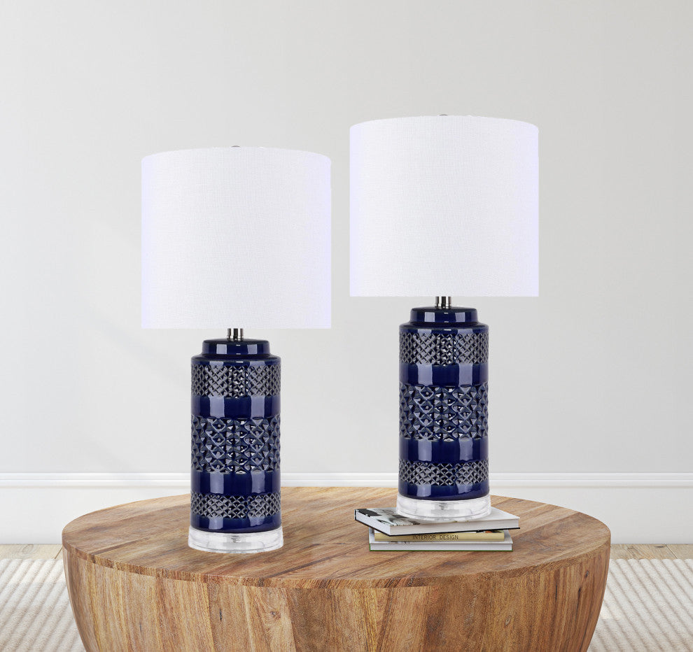 21" Navy Ceramic Table Lamp With Cylindrical Base & White Linen Shade, Set of 2
