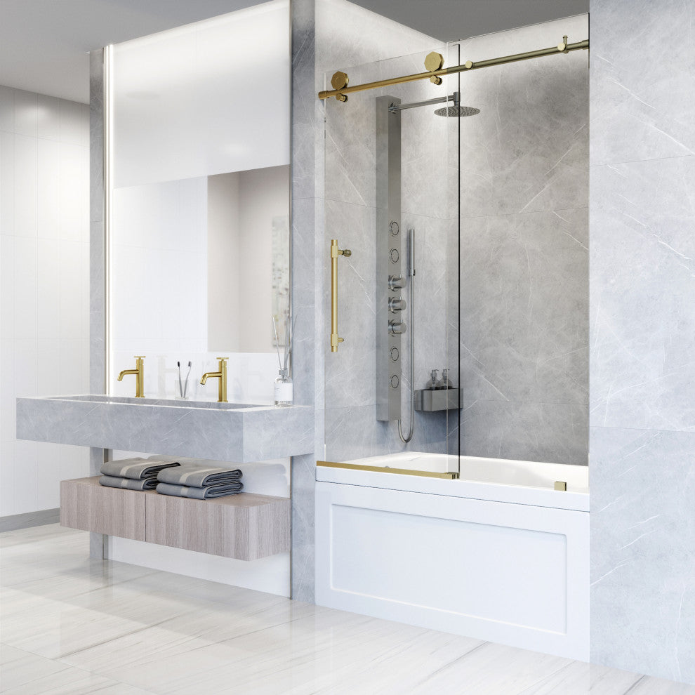 VIGO Elan Hart 56" to 60" W x 66" H Frameless Sliding Tub Door, Stainless Steel, Clear Glass