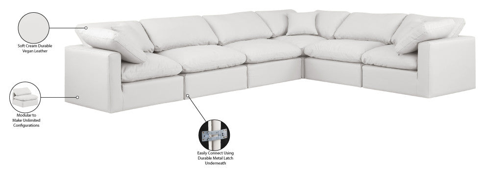 Indulge Upholstered Modular L-Shaped Sectional, Cream, 6-Piece: 3 Armless Chair, 3 Corner Chair, Fiber Stuffed Vegan Leather