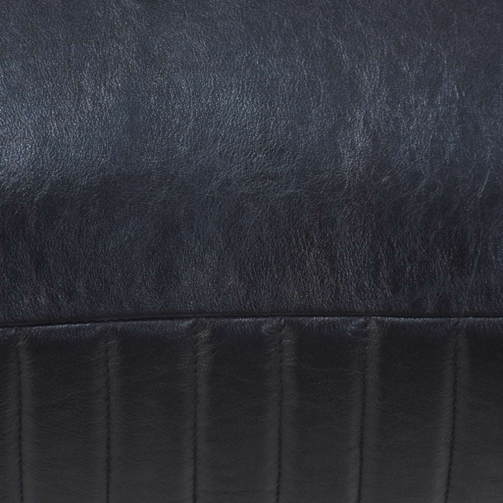 Poufs-Solid Handmade Goat Leather Pouf, Recycled Cotton Fill, Black, Square, 21x21x12