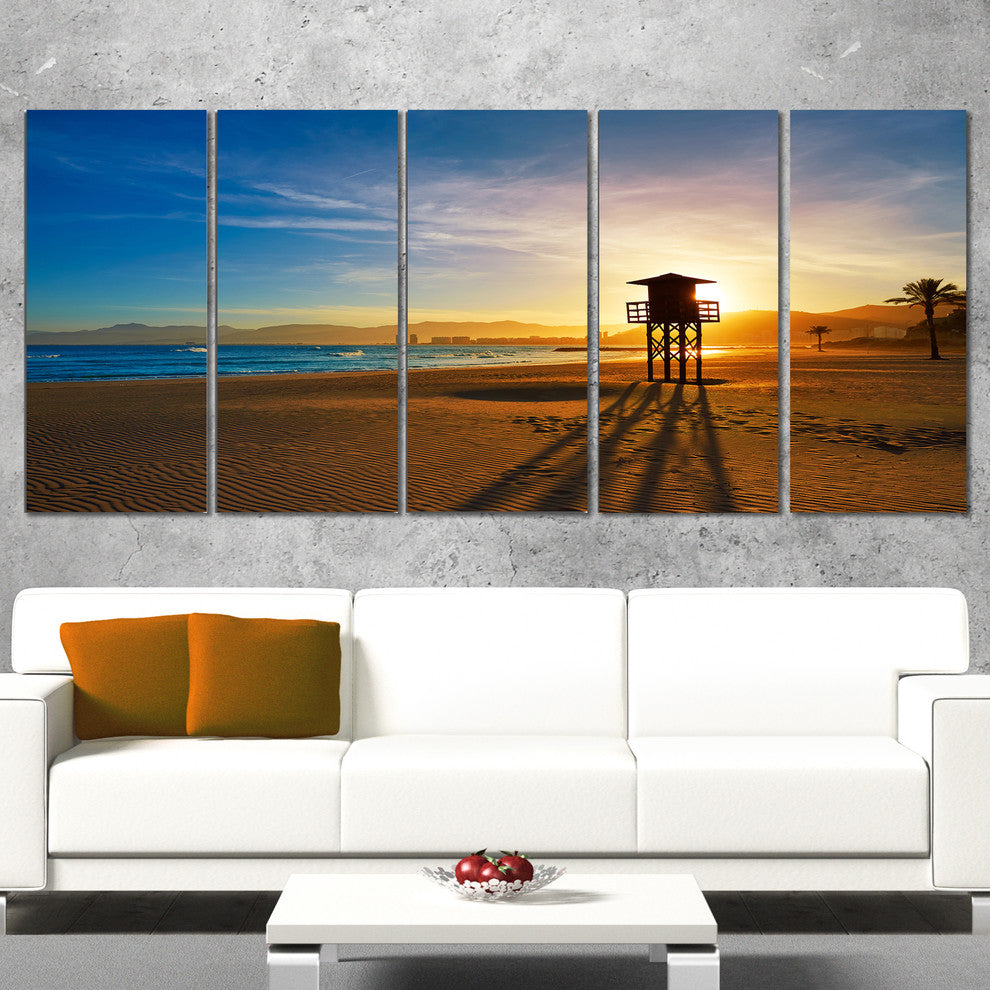 "Colorful Sunset in Valencia" Modern Beach Canvas Art Print, 5 Panels, 60"x28"