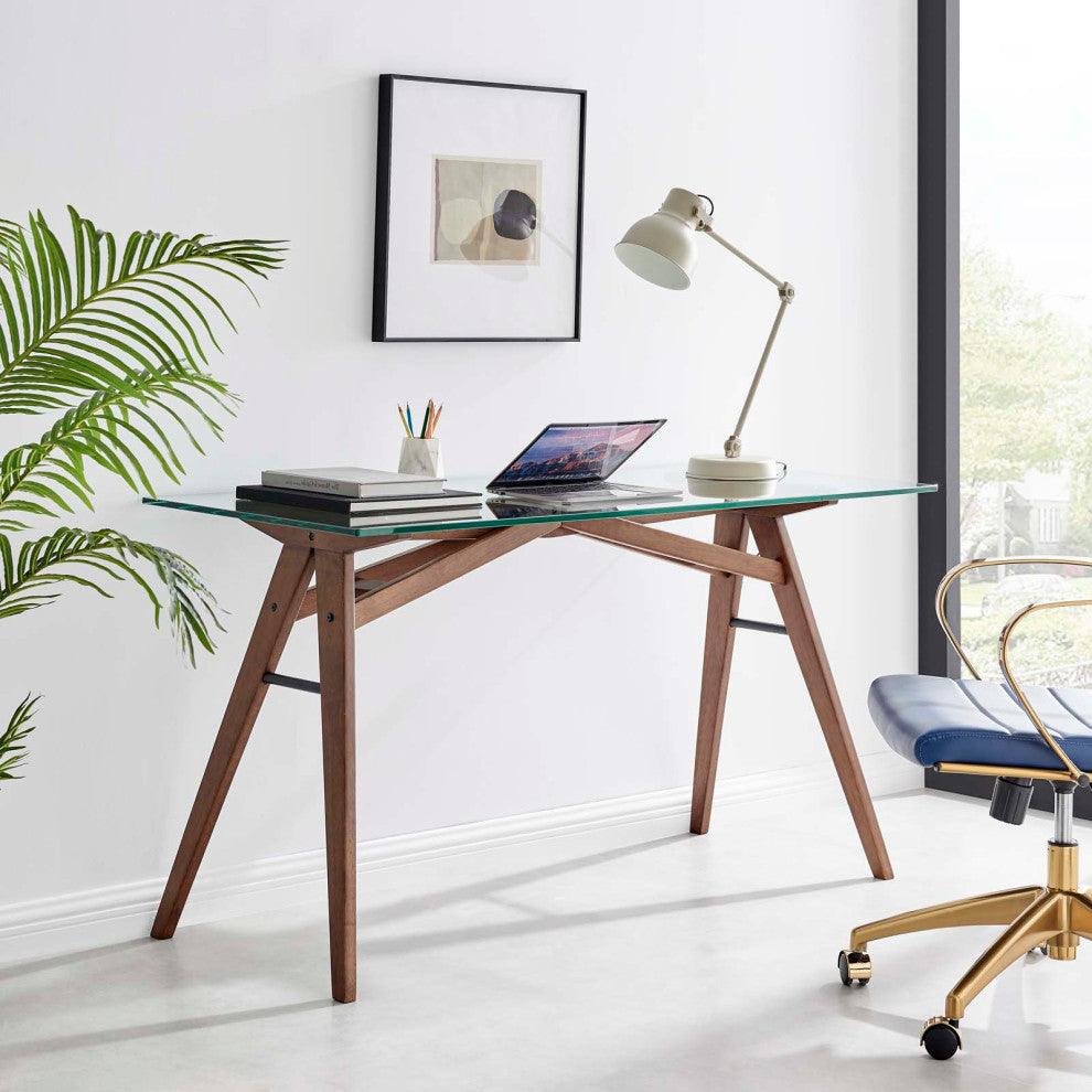 Computer Work Desk, Natural, Wood, Glass, Modern, Mid Century Home Office