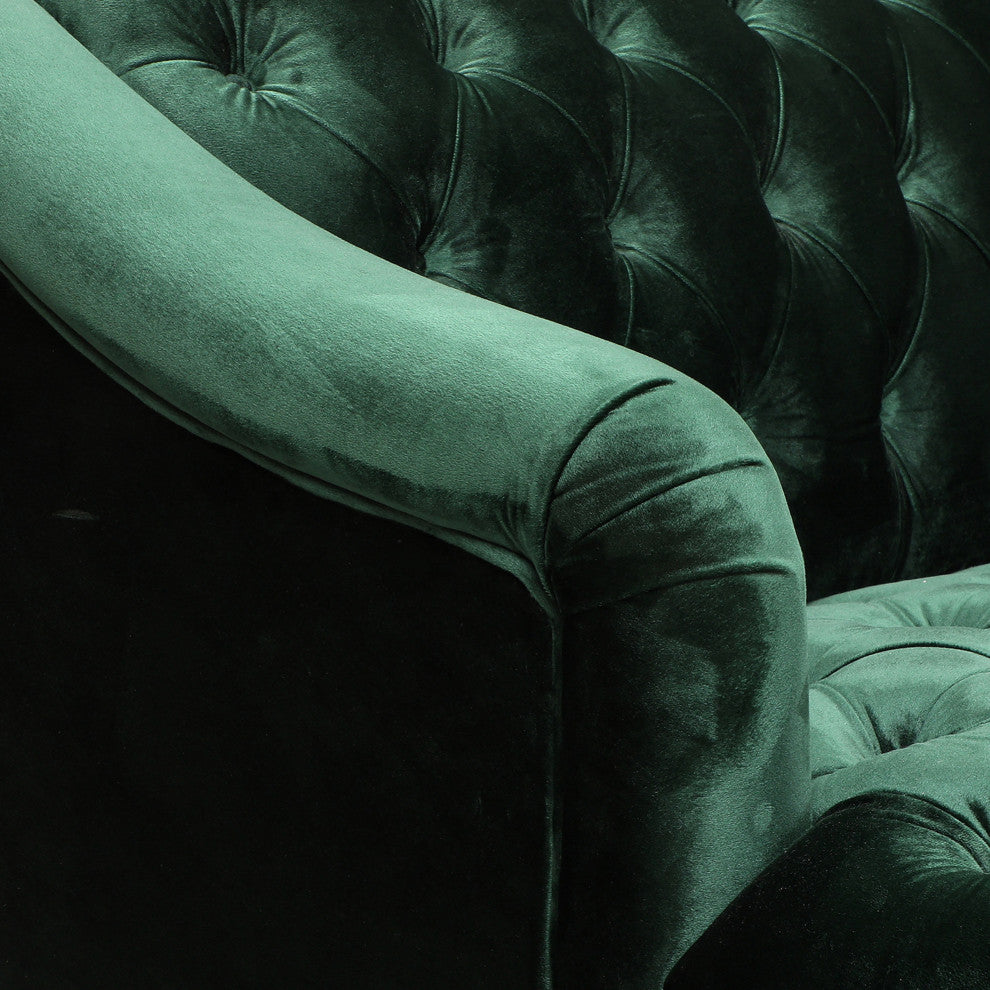 Esther Modern Glam Tufted Velvet 3 Seater Sofa, Emerald, Walnut Finish