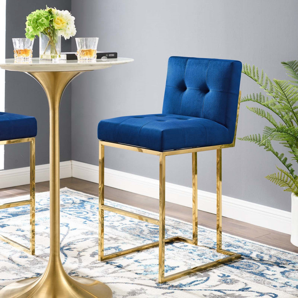 Navy Blue Velvet Bar Stool, Heidi Giselle Gold Barstool, Luxe Glam Golden Tufted