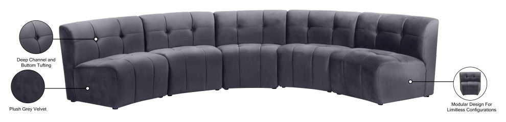 Limitless Velvet Upholstered 5-Piece Modular Sectional, Gray