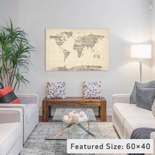 "Old Sheet Music World Map" by Michael Tompsett, 26x18x1.5"